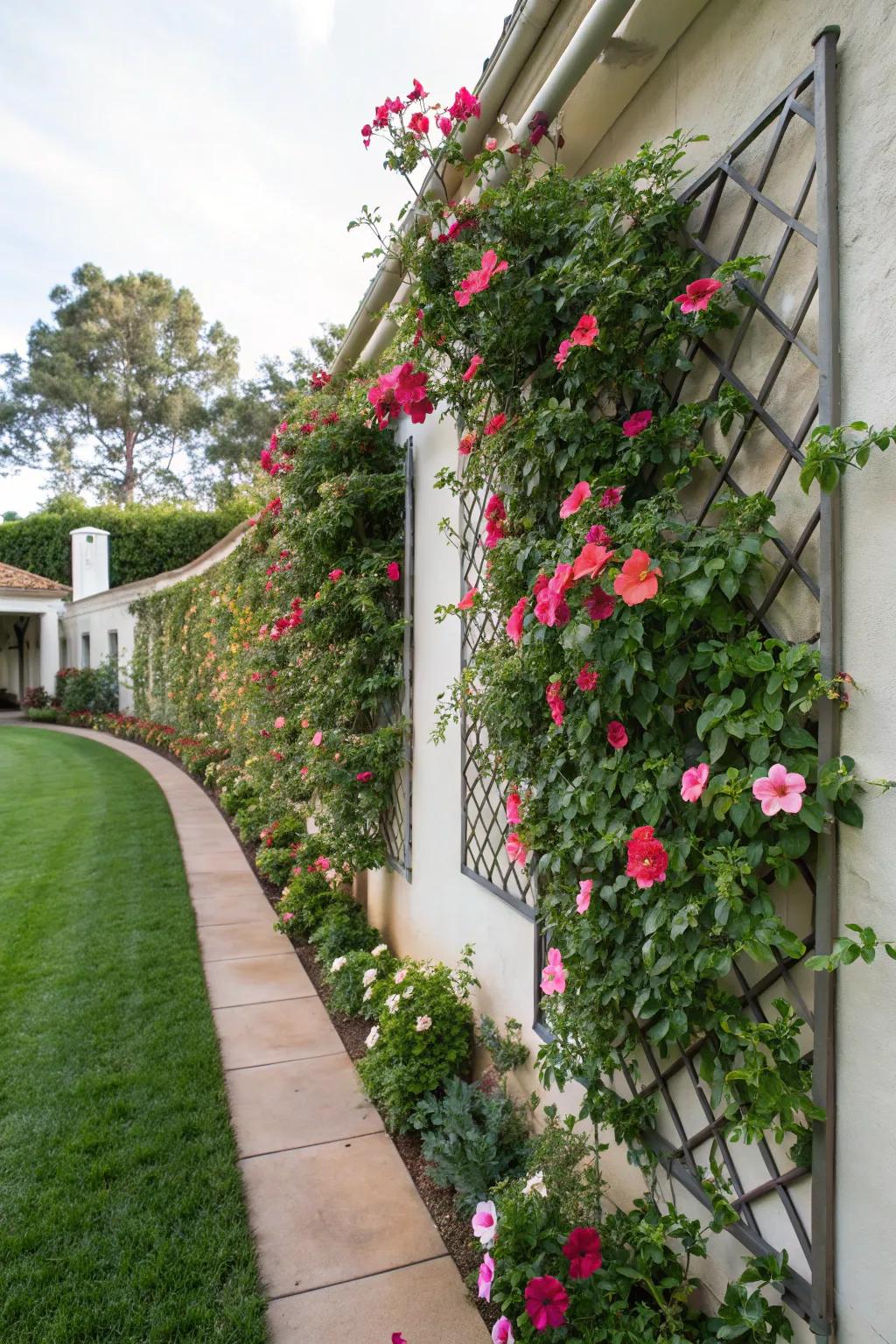 A wall-mounted trellis with tropical trumpet changes a simple wall into a vibrant feature.