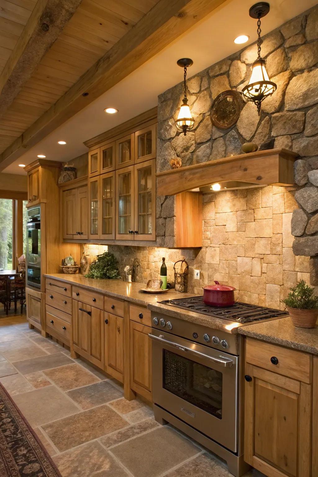 A rustic kitchen with natural maple cabinets, exuding warmth and coziness.