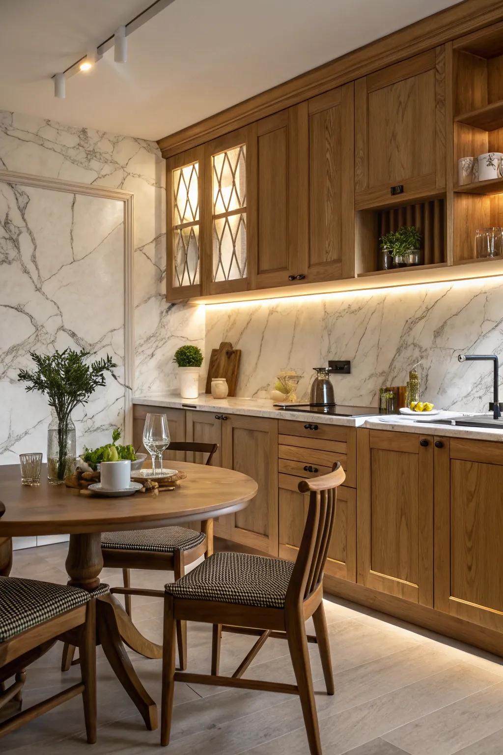A harmonious mix of stone and timber creating a cozy kitchen environment.