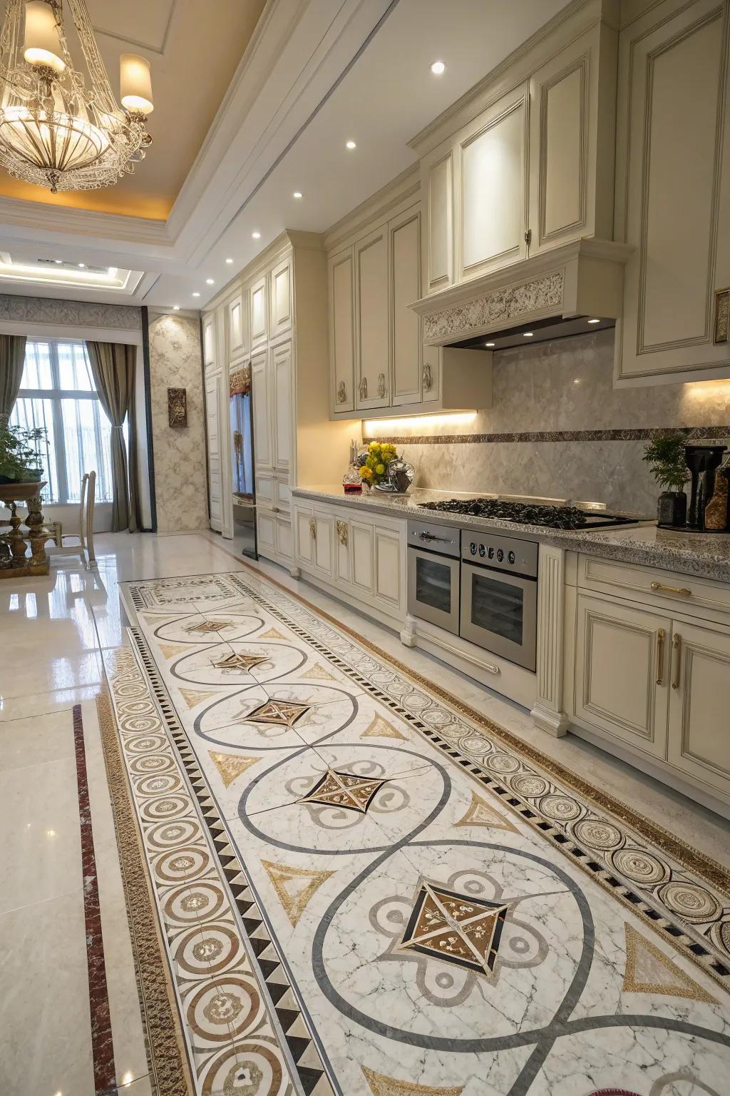 A luxurious kitchen featuring picket marble mosaic flooring.