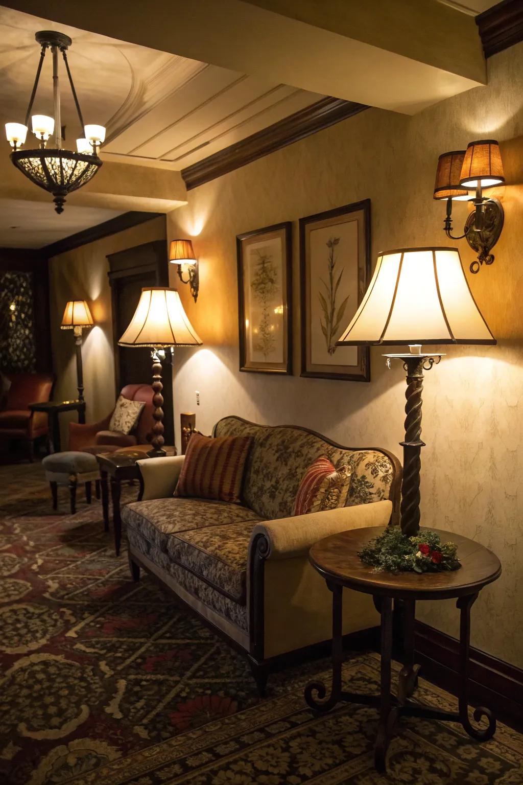 Ambient illumination establishes a laid-back mood within the den.