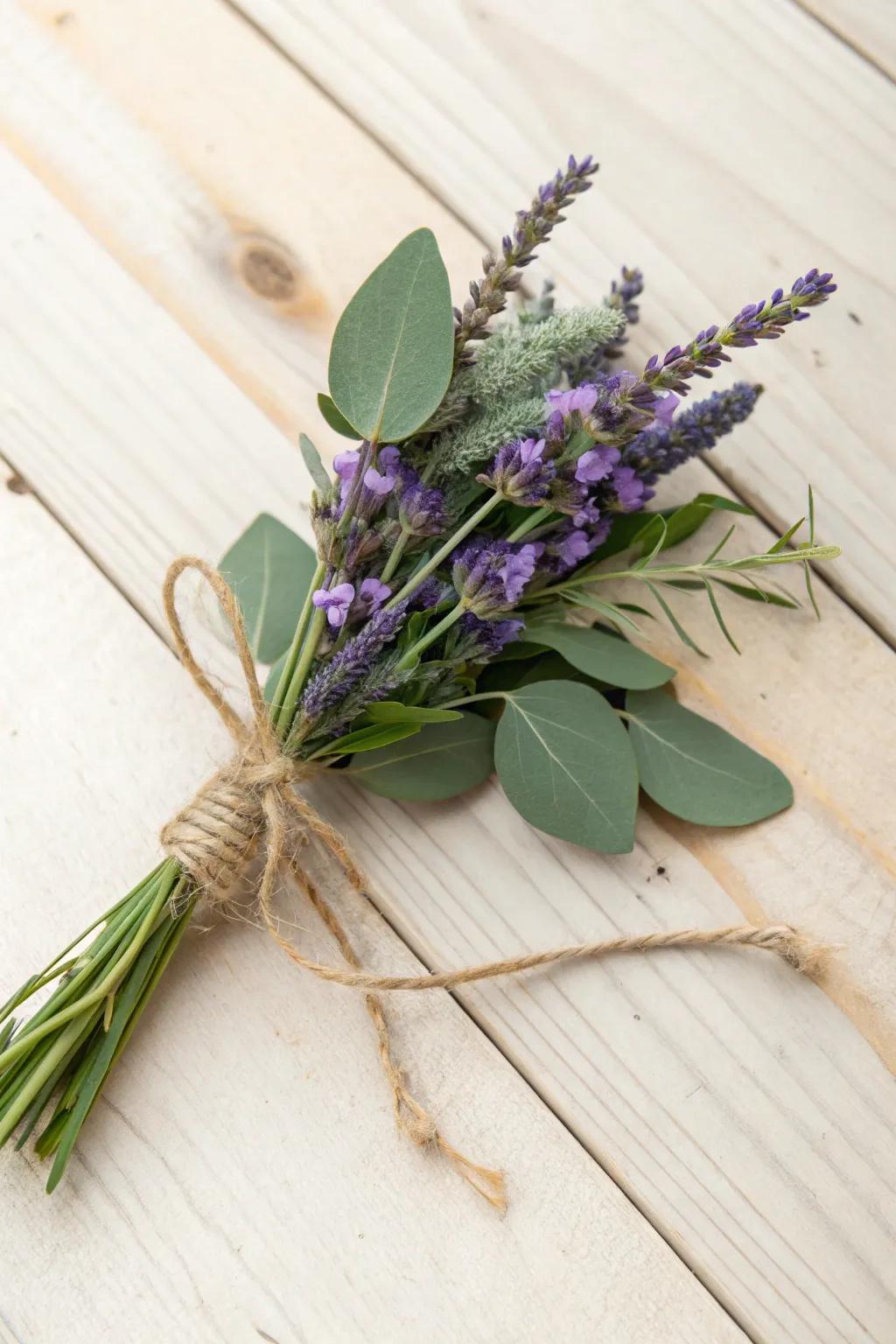 Violet and eucalyptus make a crisp, fragrant boutonniere.