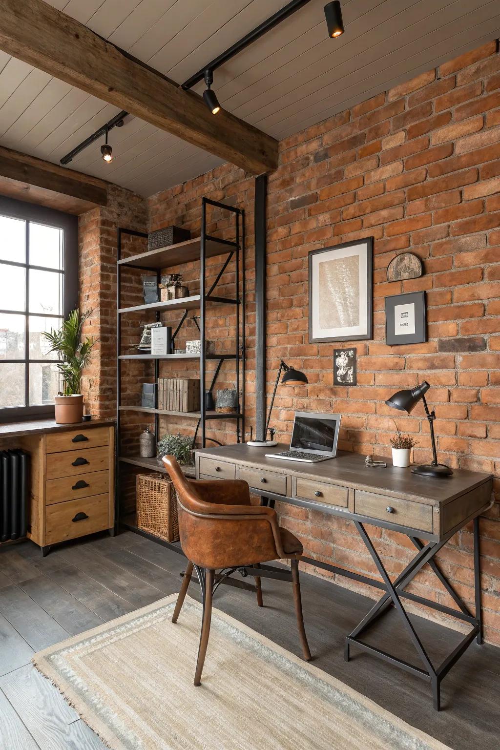 Industrial elements make a powerful declaration in this home-based office setting.