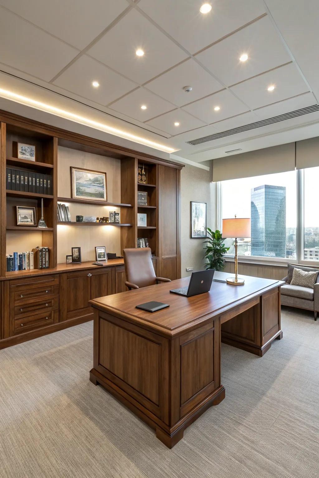 A prominent desk serves as the room's anchor, defining your workspace.