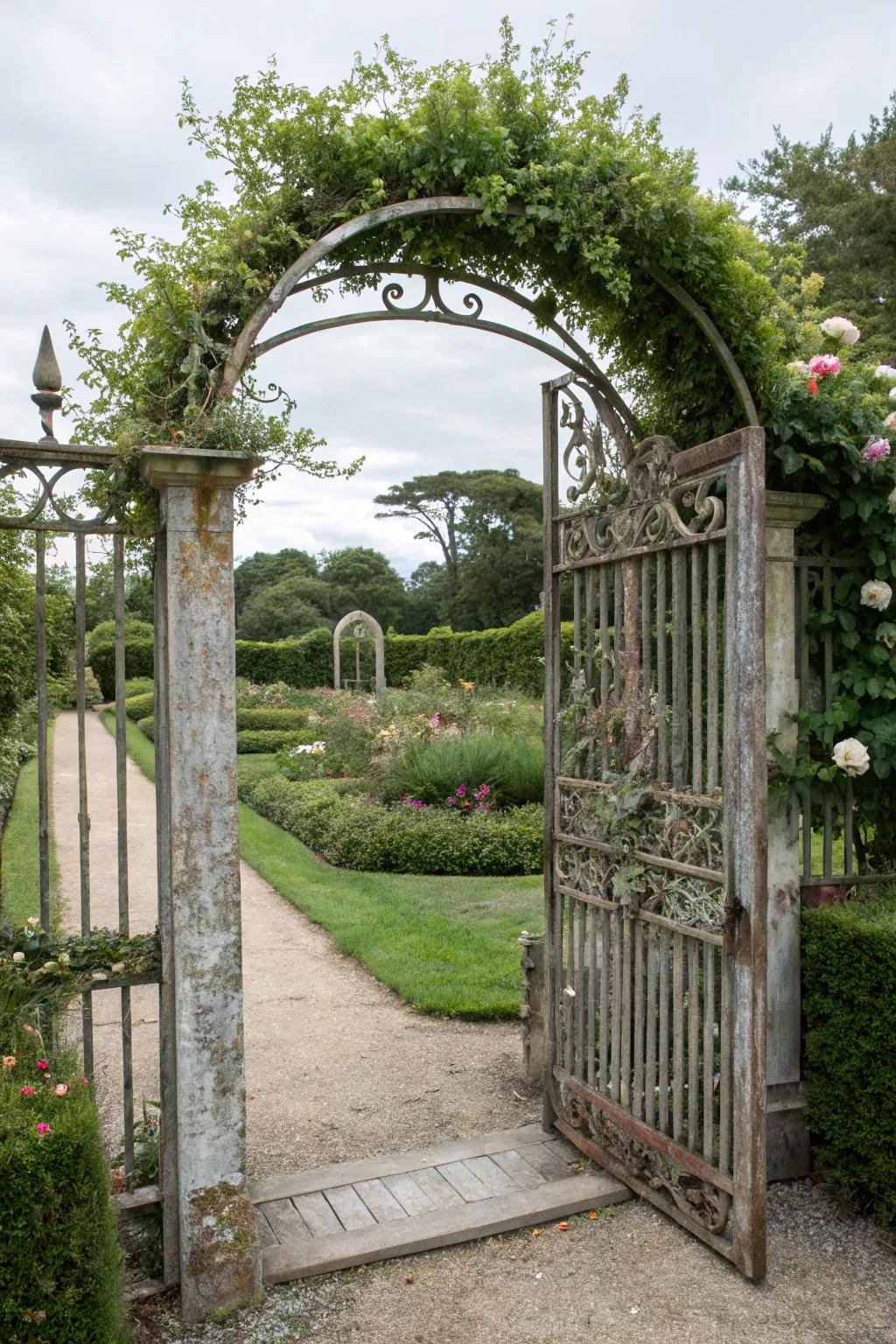 An arched door accompanied by an arbor bestows a hint of grandeur.