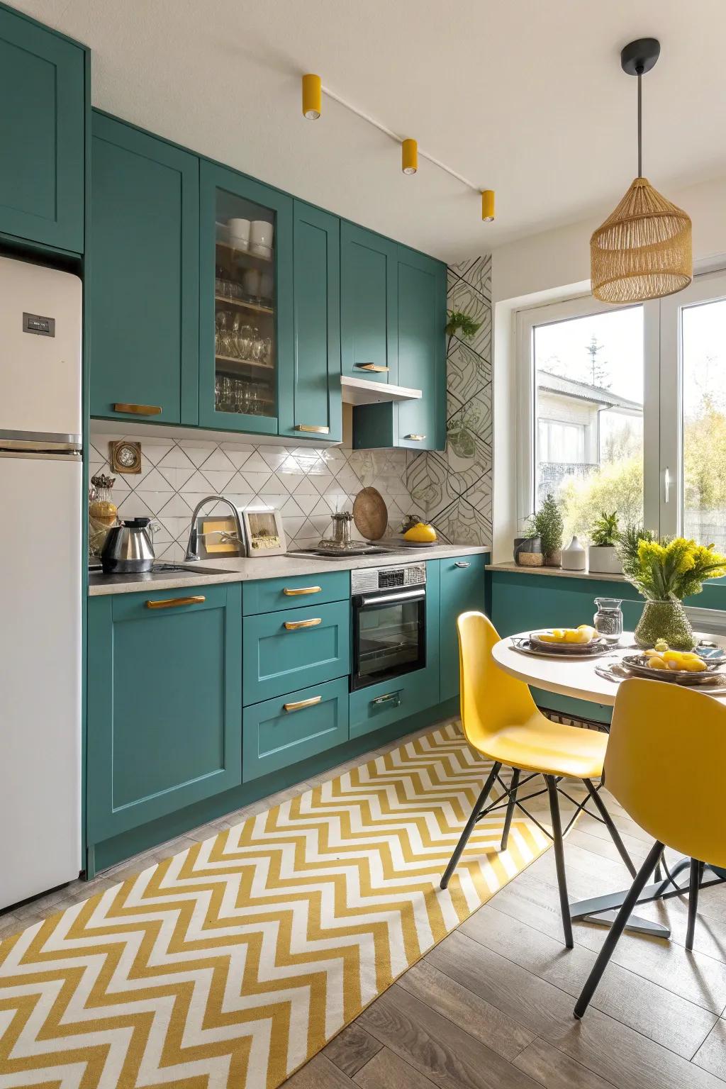 Bold teal and mustard colors make a statement in this kitchen.