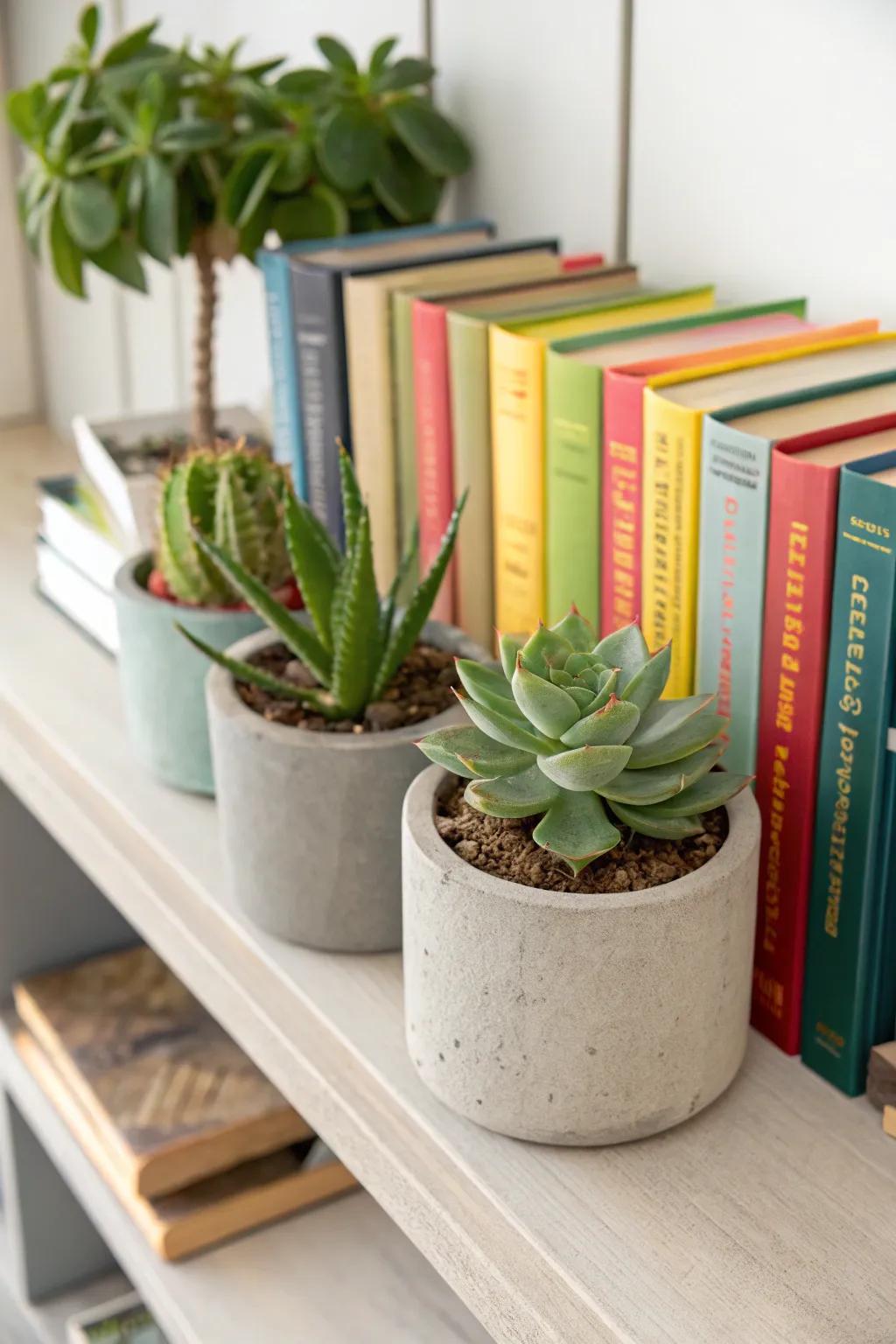 Succulents function as elegant and practical shelf supports.