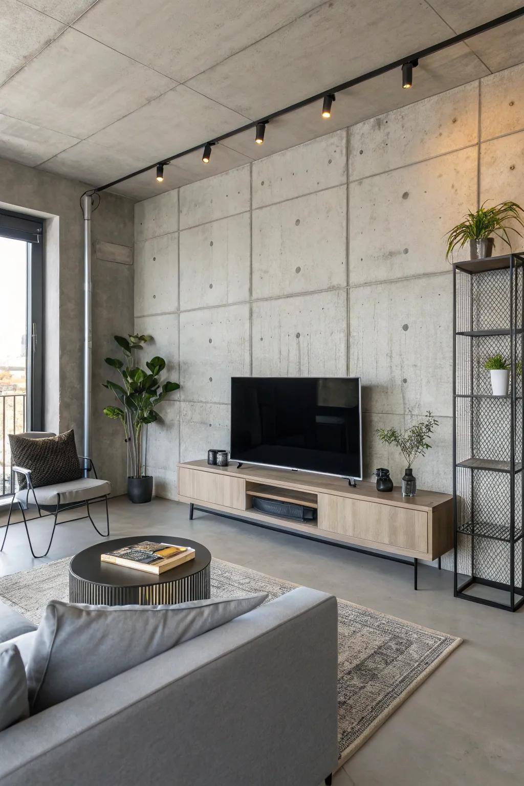 Concrete finish adds an industrial edge to the TV area.