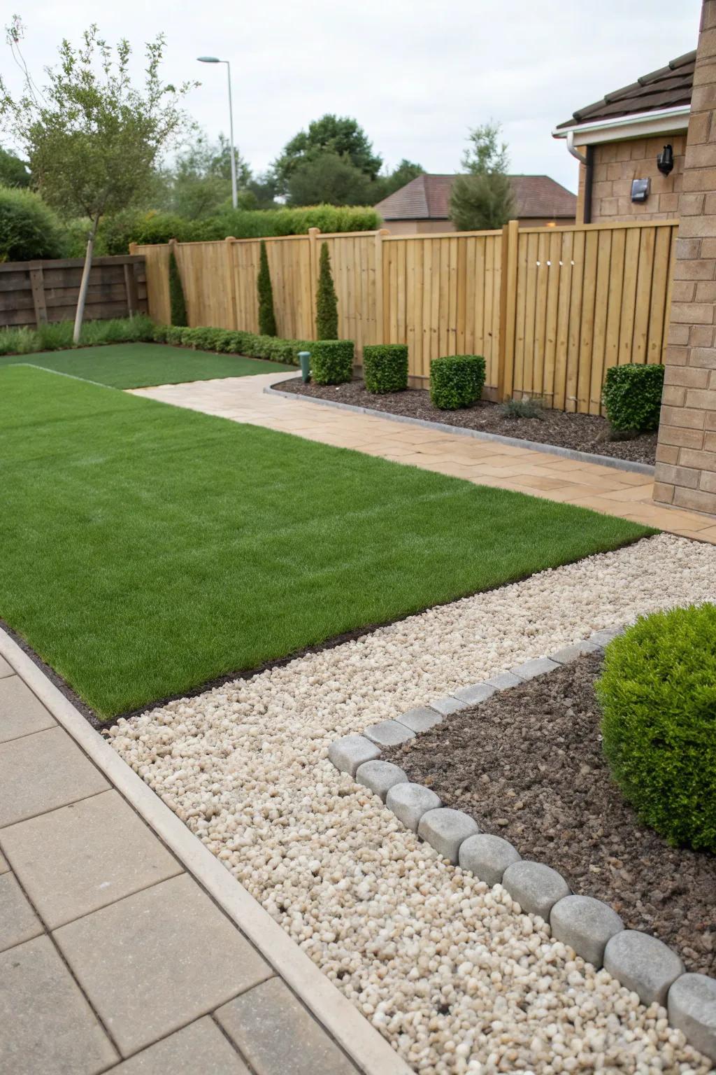 A modern front yard design using artificial grass and contrasting gravel.