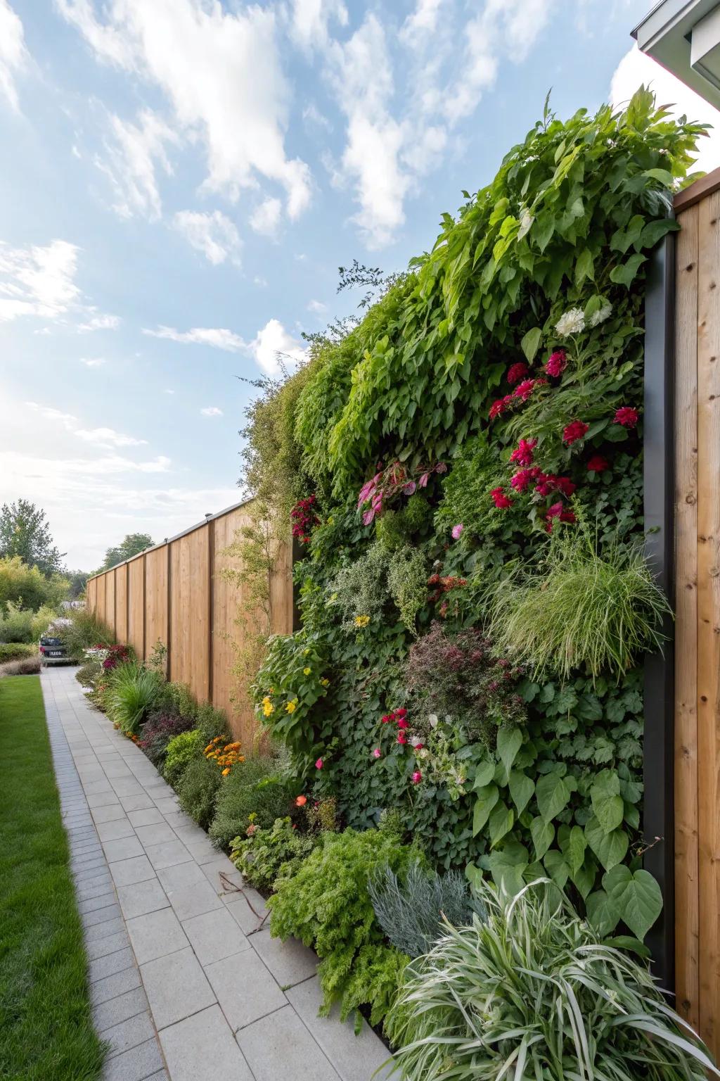 A vibrant vertical garden wall, adding a burst of greenery to a backyard.