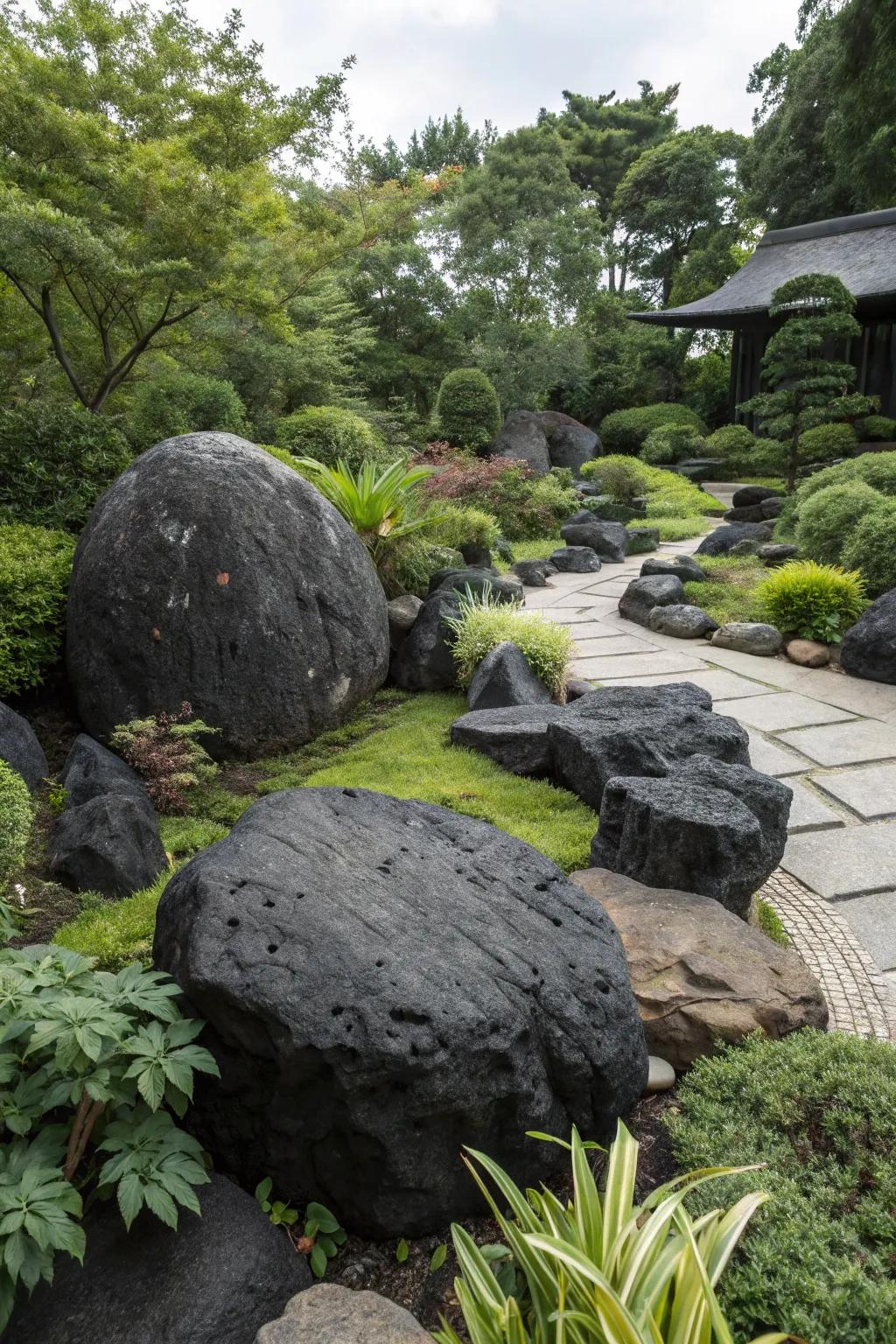 Decorative stones serve as focal points in a black rock setting.