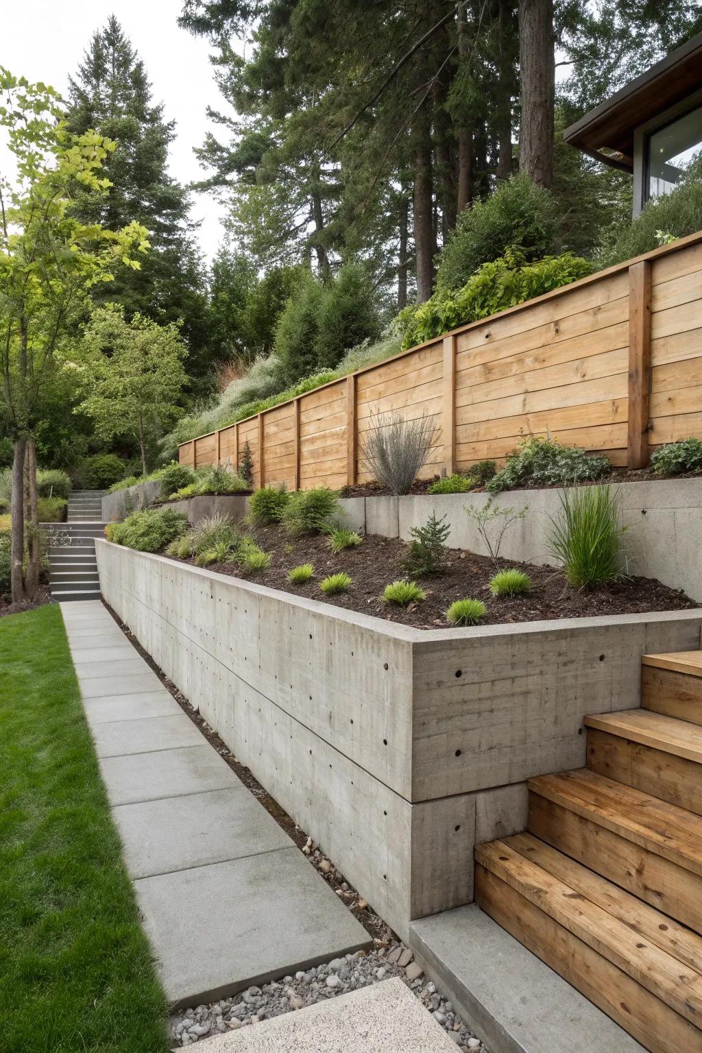 Concrete and timber blend for a conspicuous retaining wall blueprint.