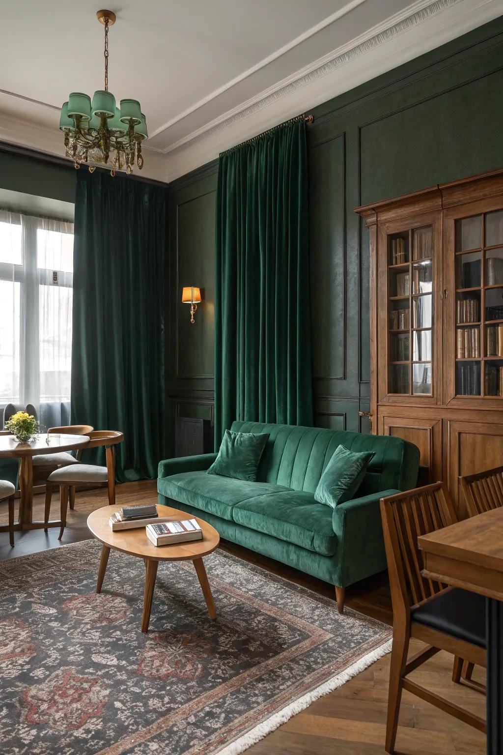 Wood pieces blend seamlessly with dark green for a balanced look.