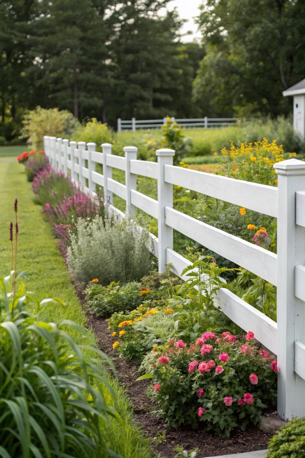 A minimalist fence with clean lines providing a subtle backdrop for lush garden plants.