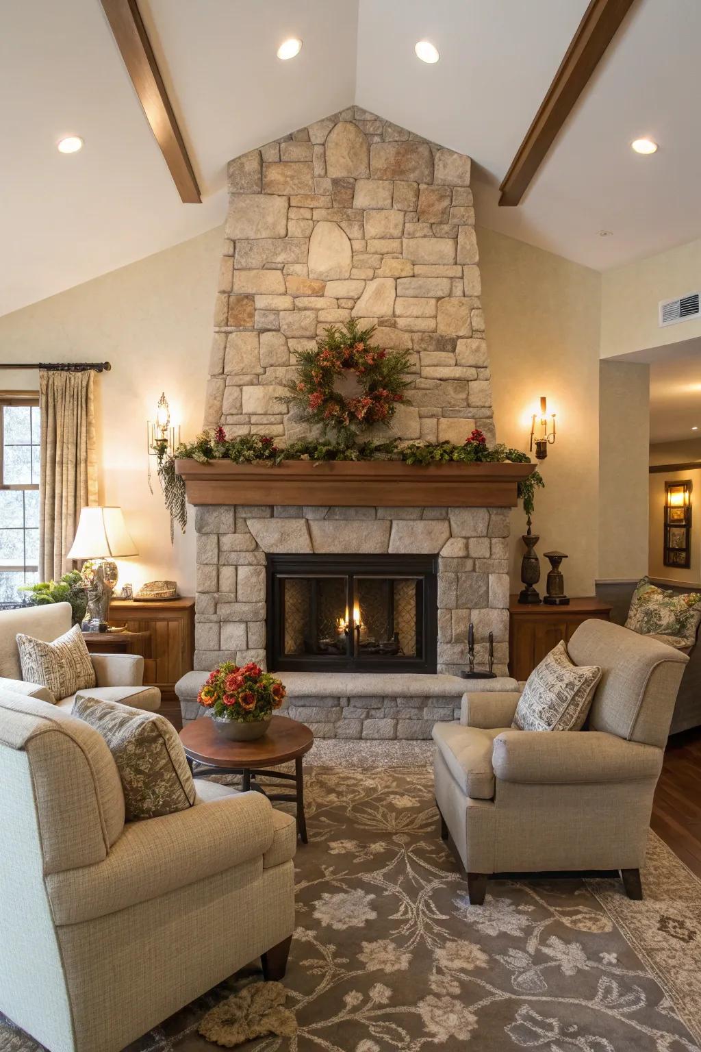 A central fireplace enhances the cozy ambiance of the farmhouse lounge.