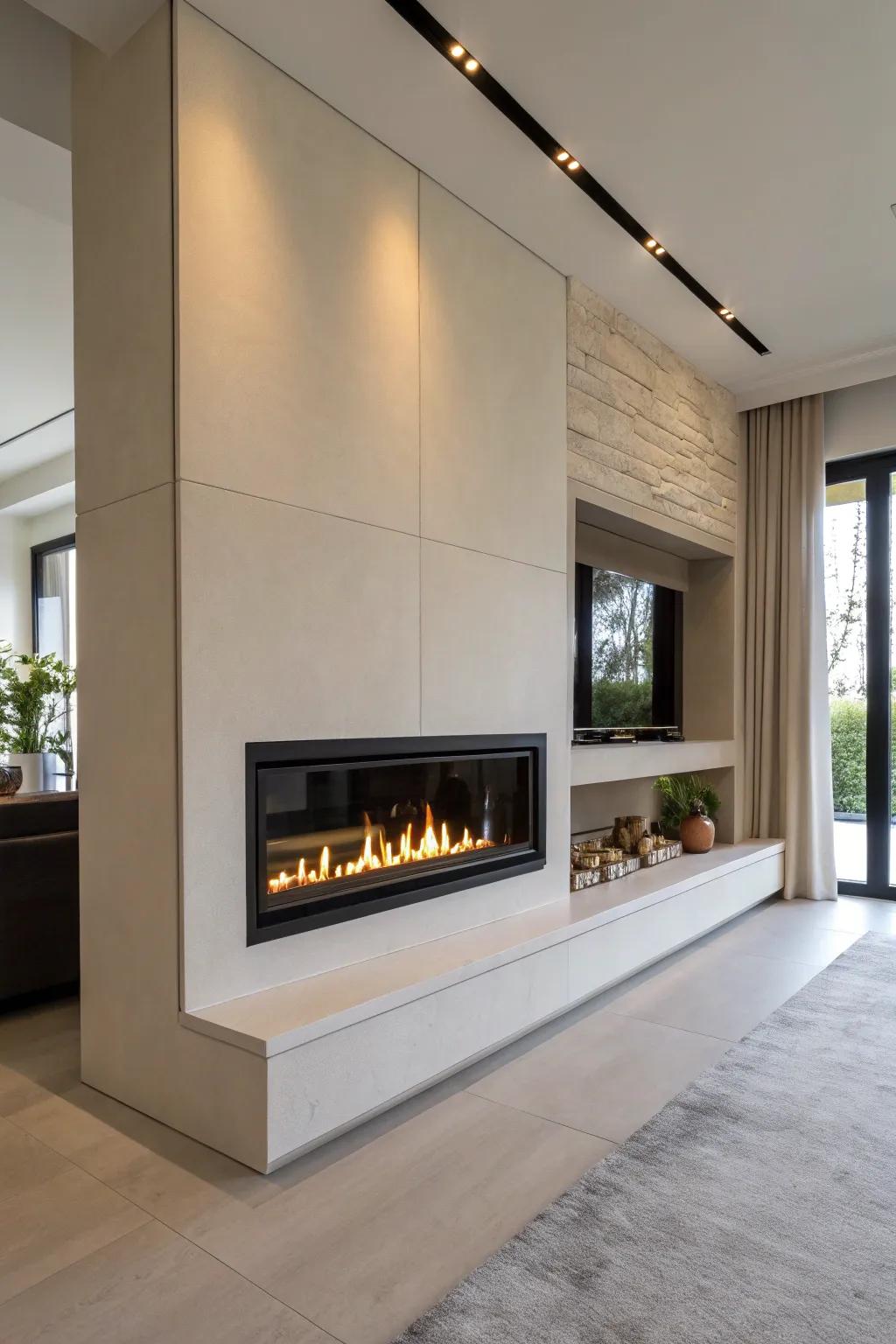 A trimless fireplace integrated seamlessly into a modern area.