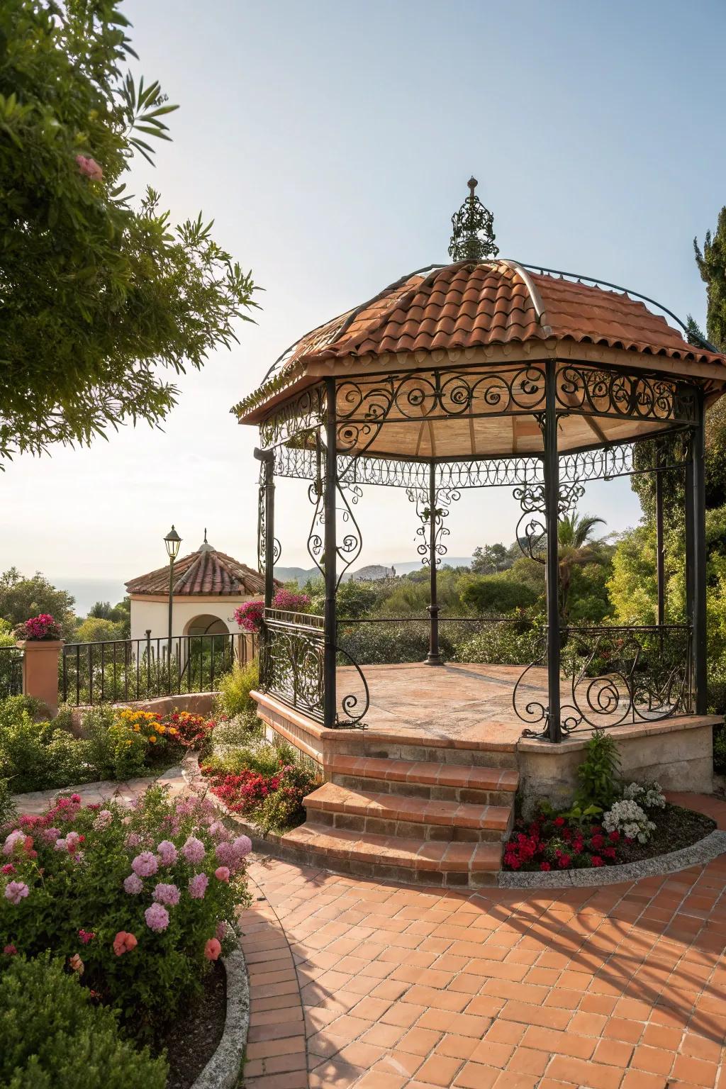 A Mediterranean-style gazebo that radiates elegance and warmth.
