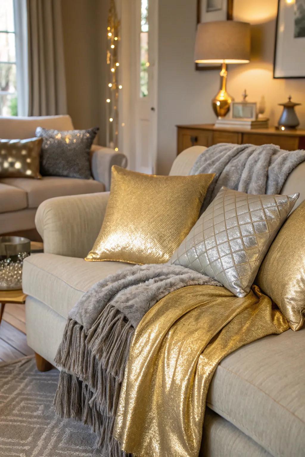 Metallic textiles create a cozy yet sophisticated atmosphere.