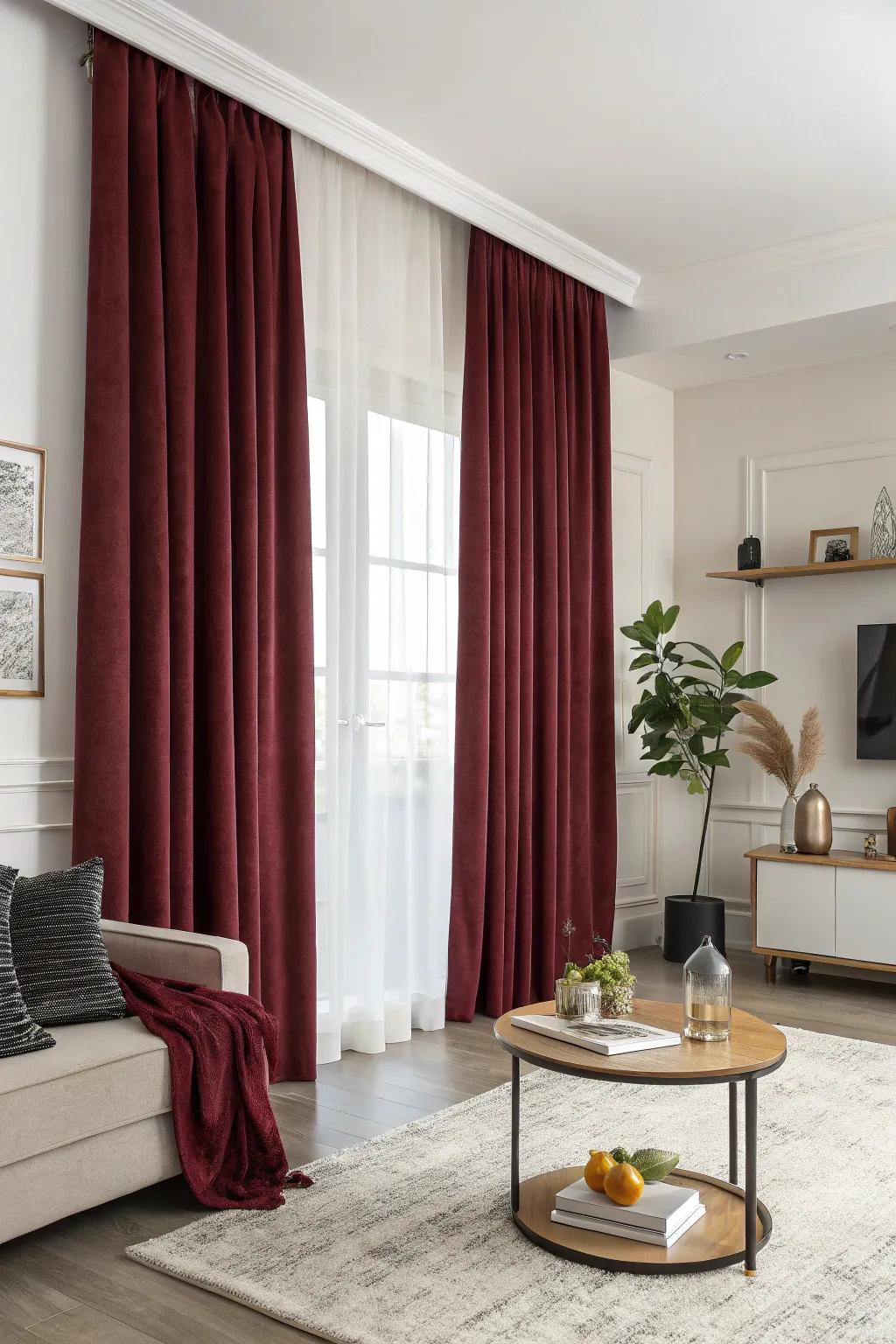A living room featuring wine-red drapes and minimalist décor.