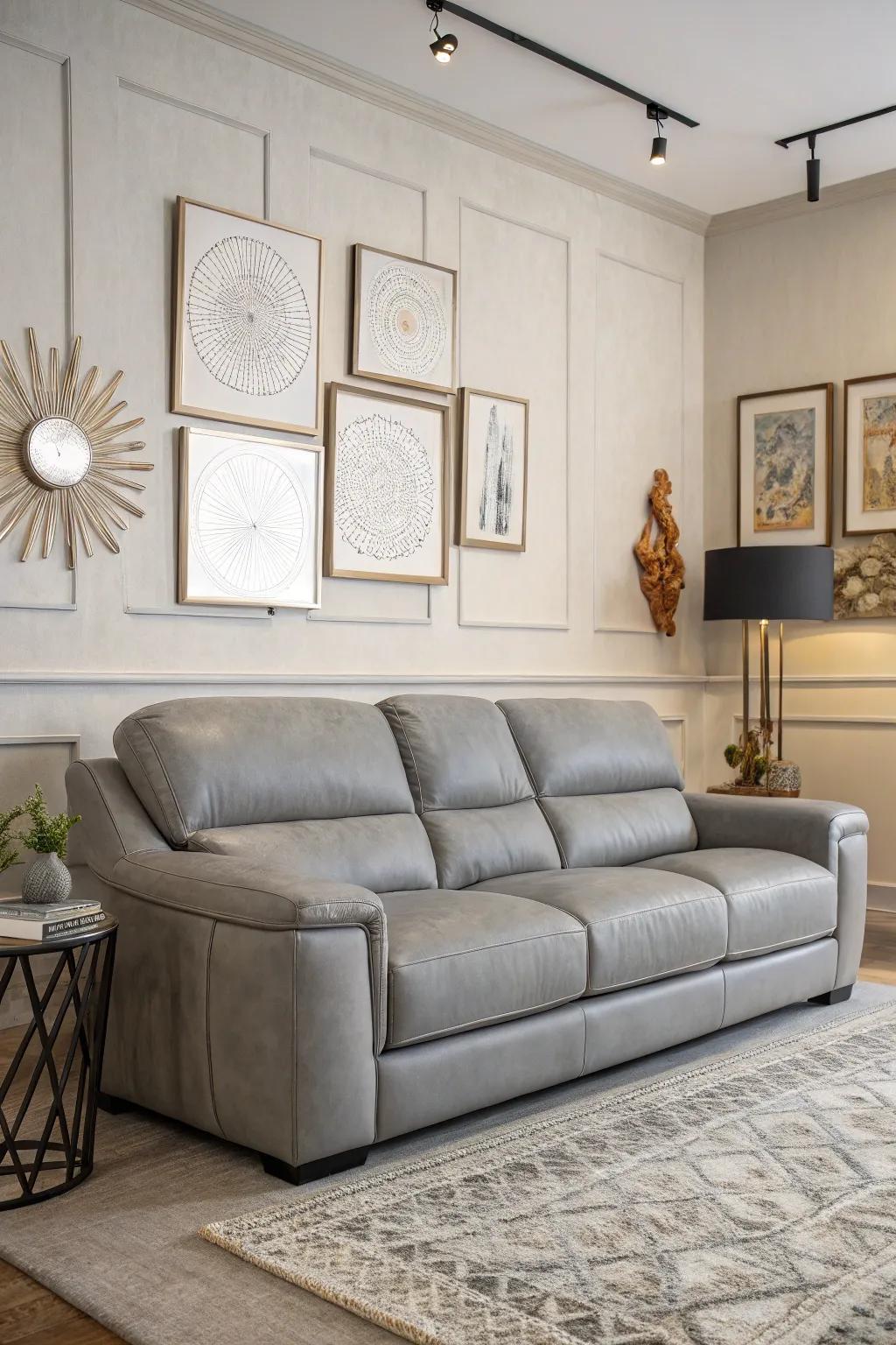 Contemporary mural art enhancing the allure of a charcoal hide settee.