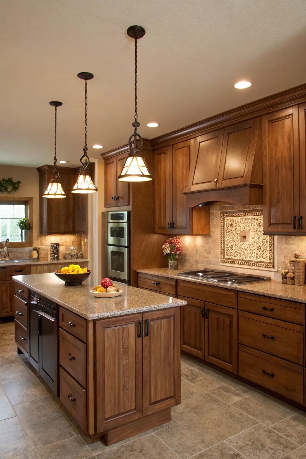Strategic lighting highlights the elegance of hickory cabinets.