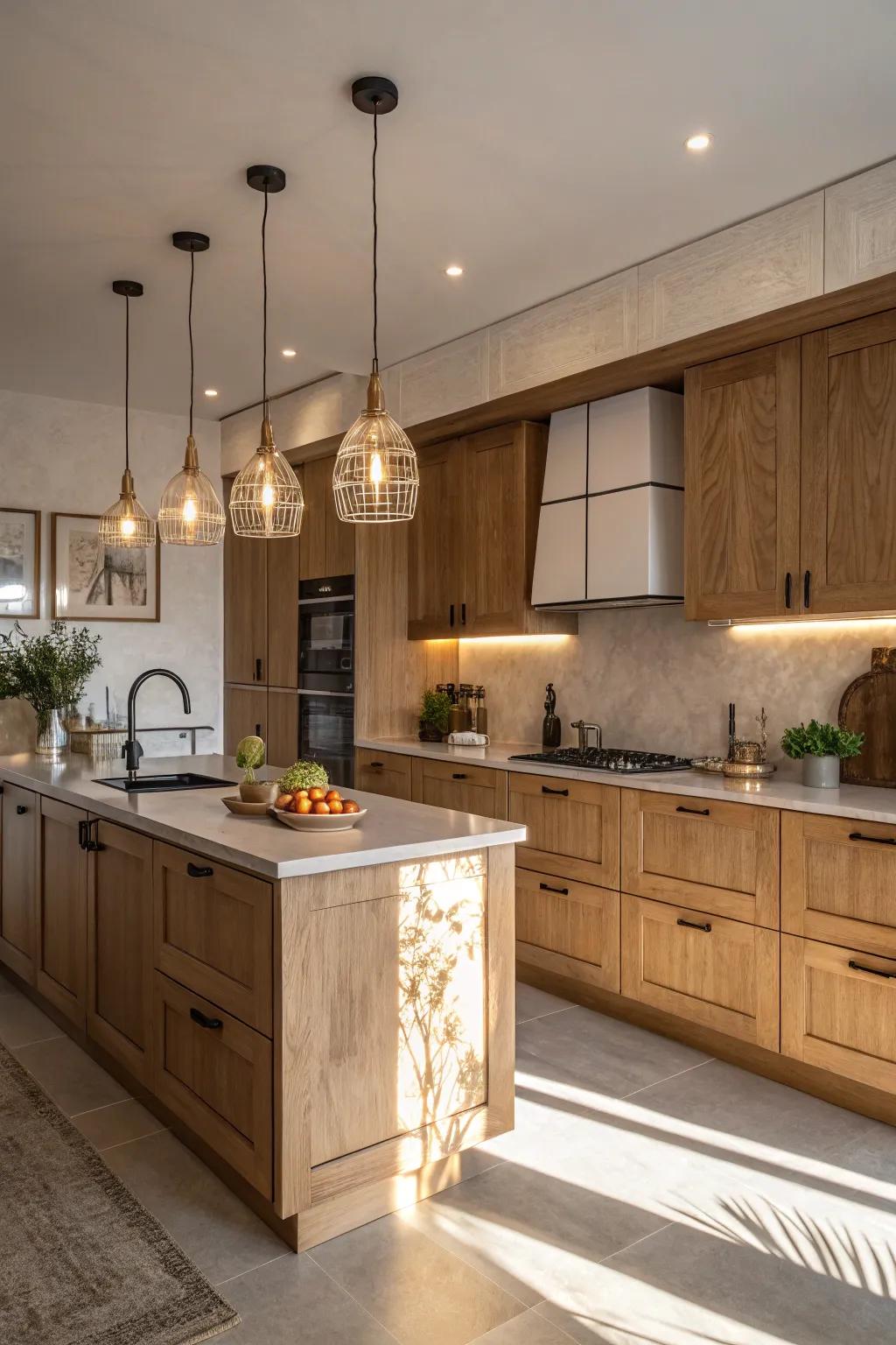 Modern lighting fixtures amplify the cozy elegance of kitchens with paneled-oak cabinets.