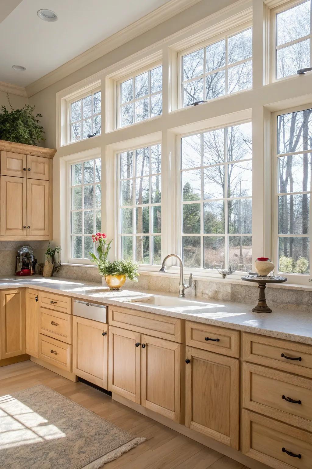 Natural light enhances the airy feel of a kitchen with light maple cabinets.