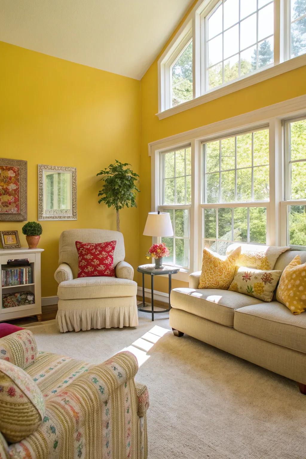 Sunlit gold walls imbue this living space with warmth and delight.