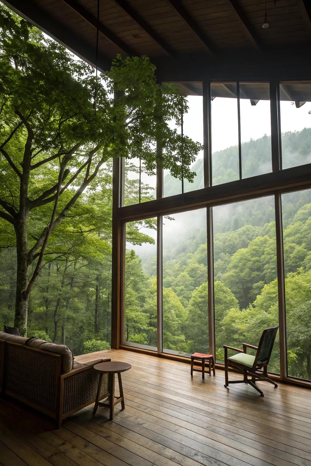 Expansive windows bring the beauty of the outdoors into this modern lodge.