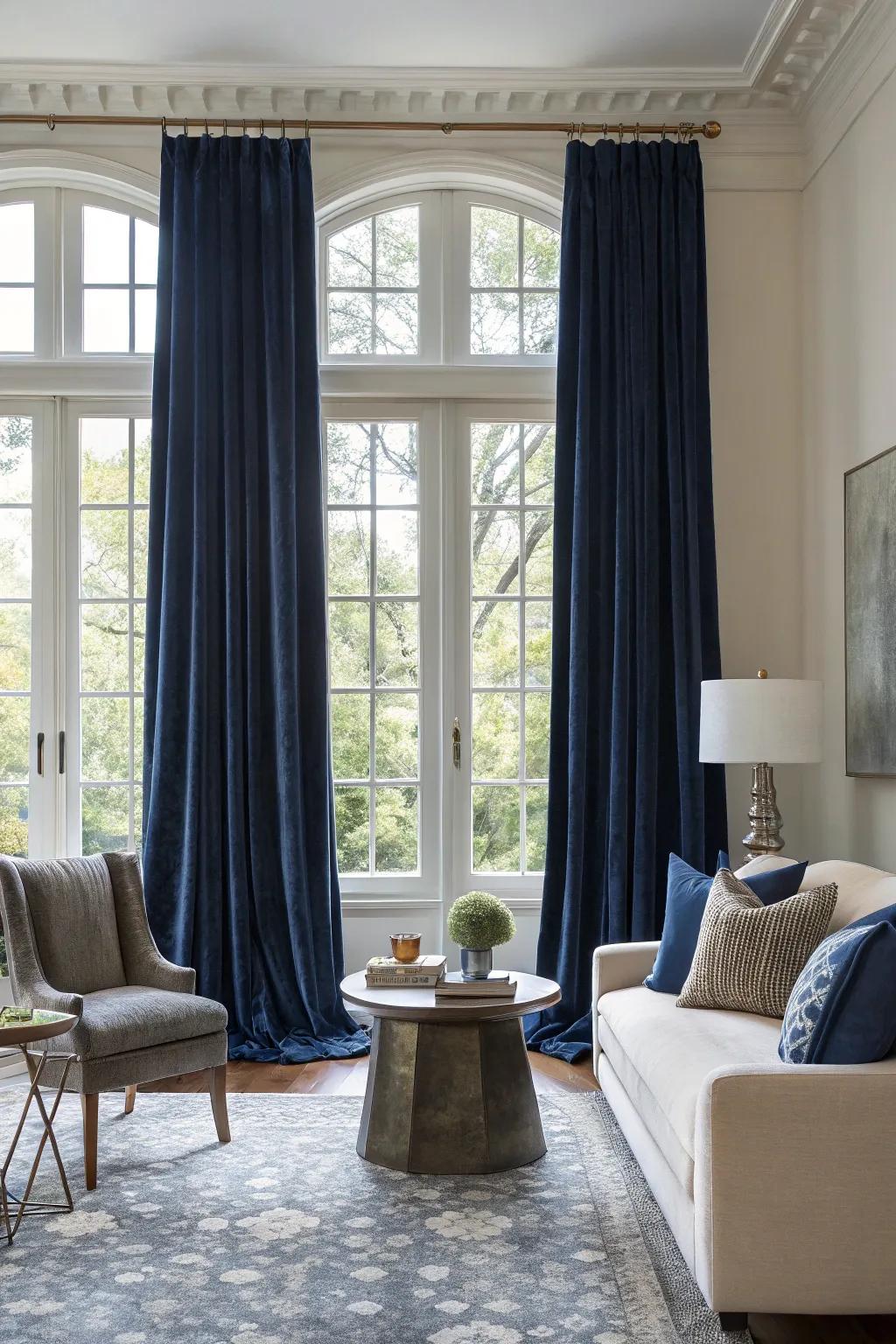 Deep window coverings frame the room with elegance.