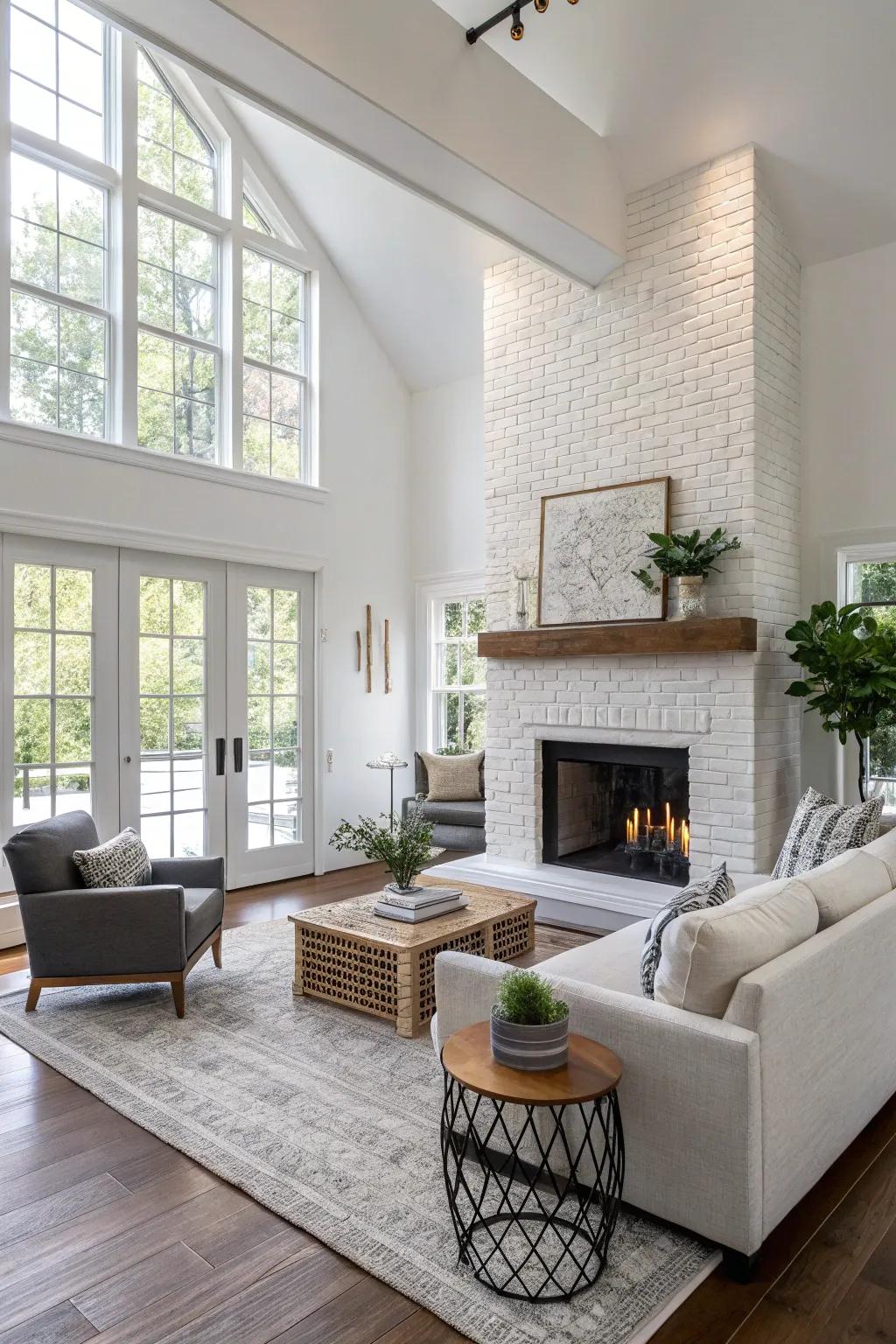 Two-tone painted brick fireplace contributes depth and interest.
