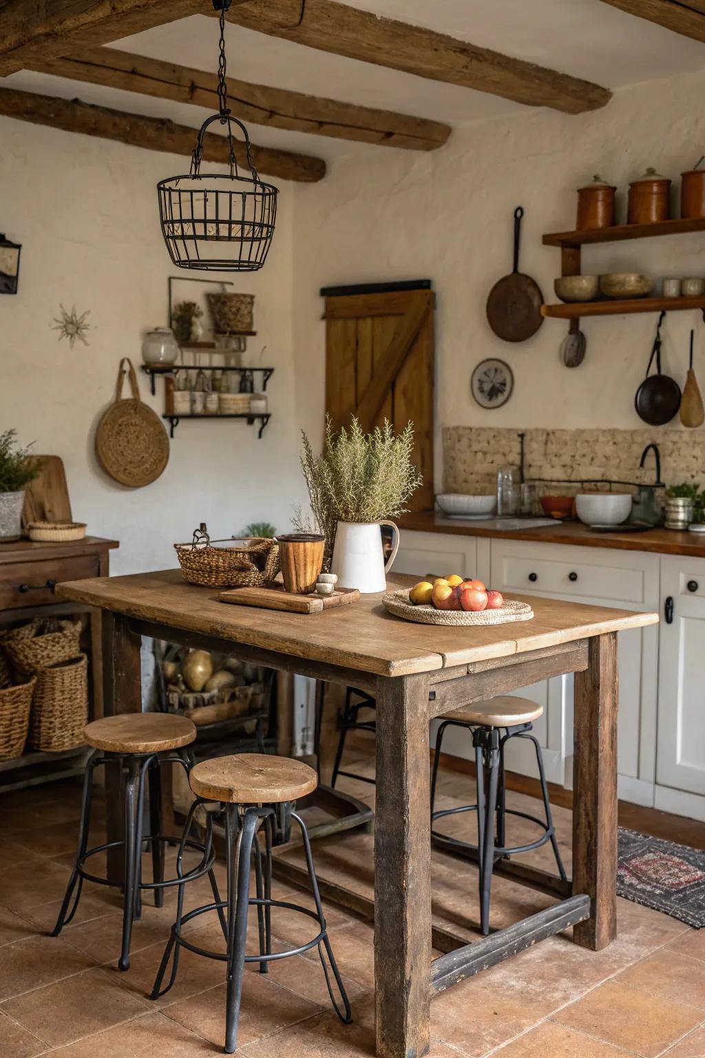 Rustic furniture creates a warm and inviting atmosphere in this kitchen.