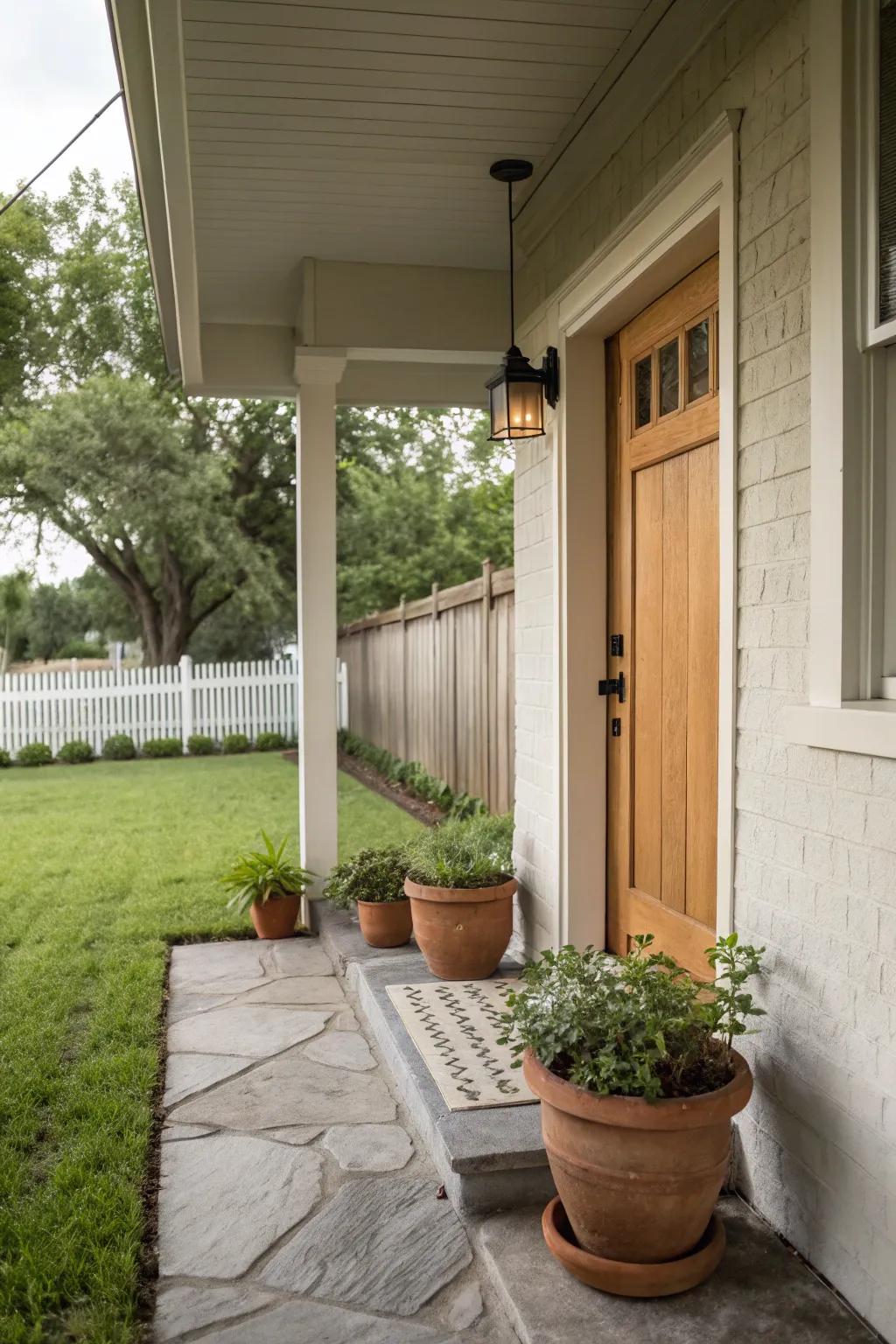 A small front porch showcasing a neutral and natural color palette for a calming effect.