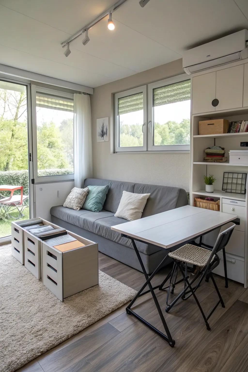 A practical layout in a compact, contemporary living area featuring multifunctional furnishings.