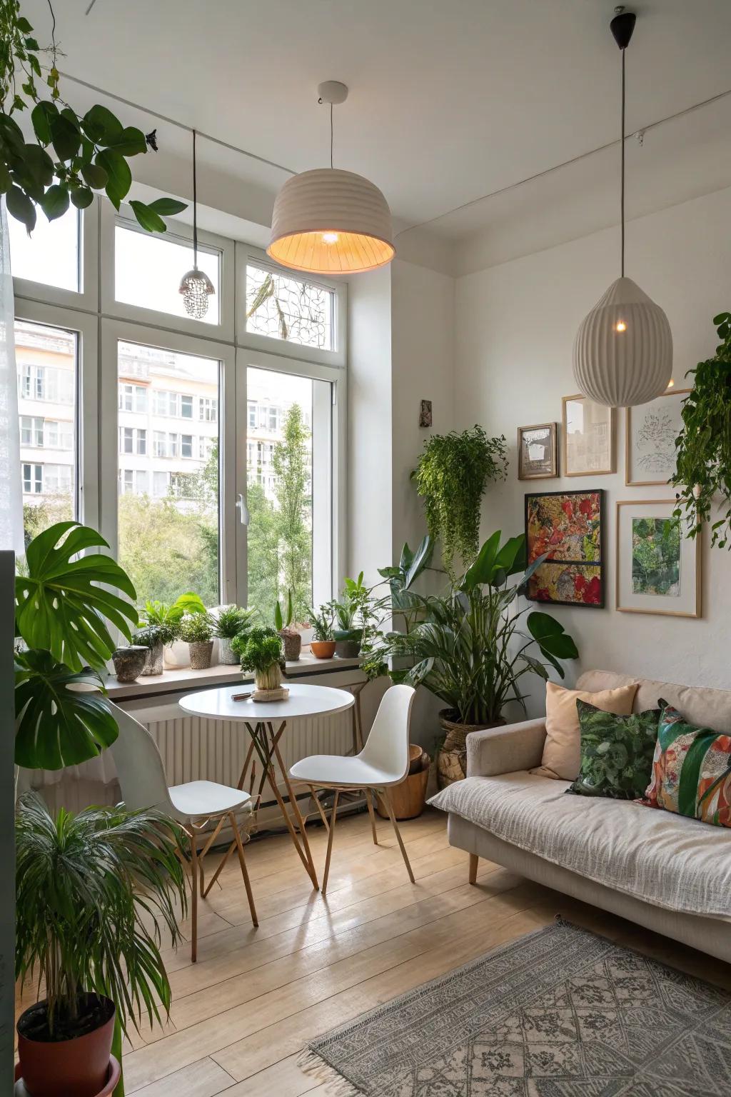 A studio apartment showcasing plants, modern lighting, and art pieces that add character.
