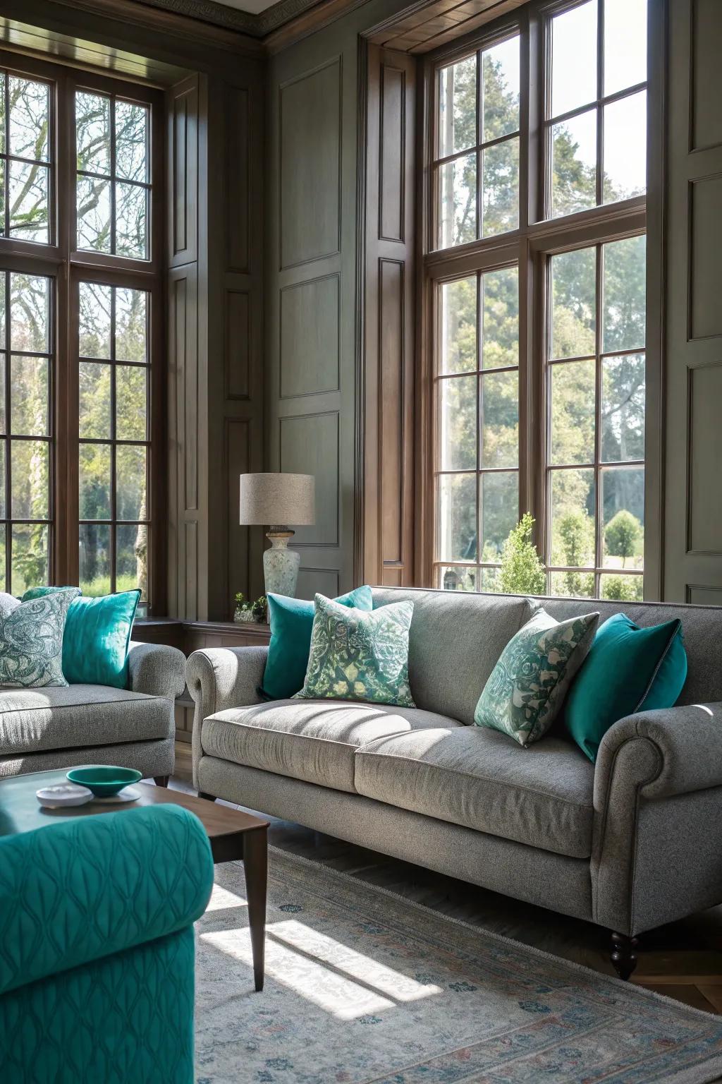 Natural light enhances the teal and grey living room, creating a dynamic atmosphere.