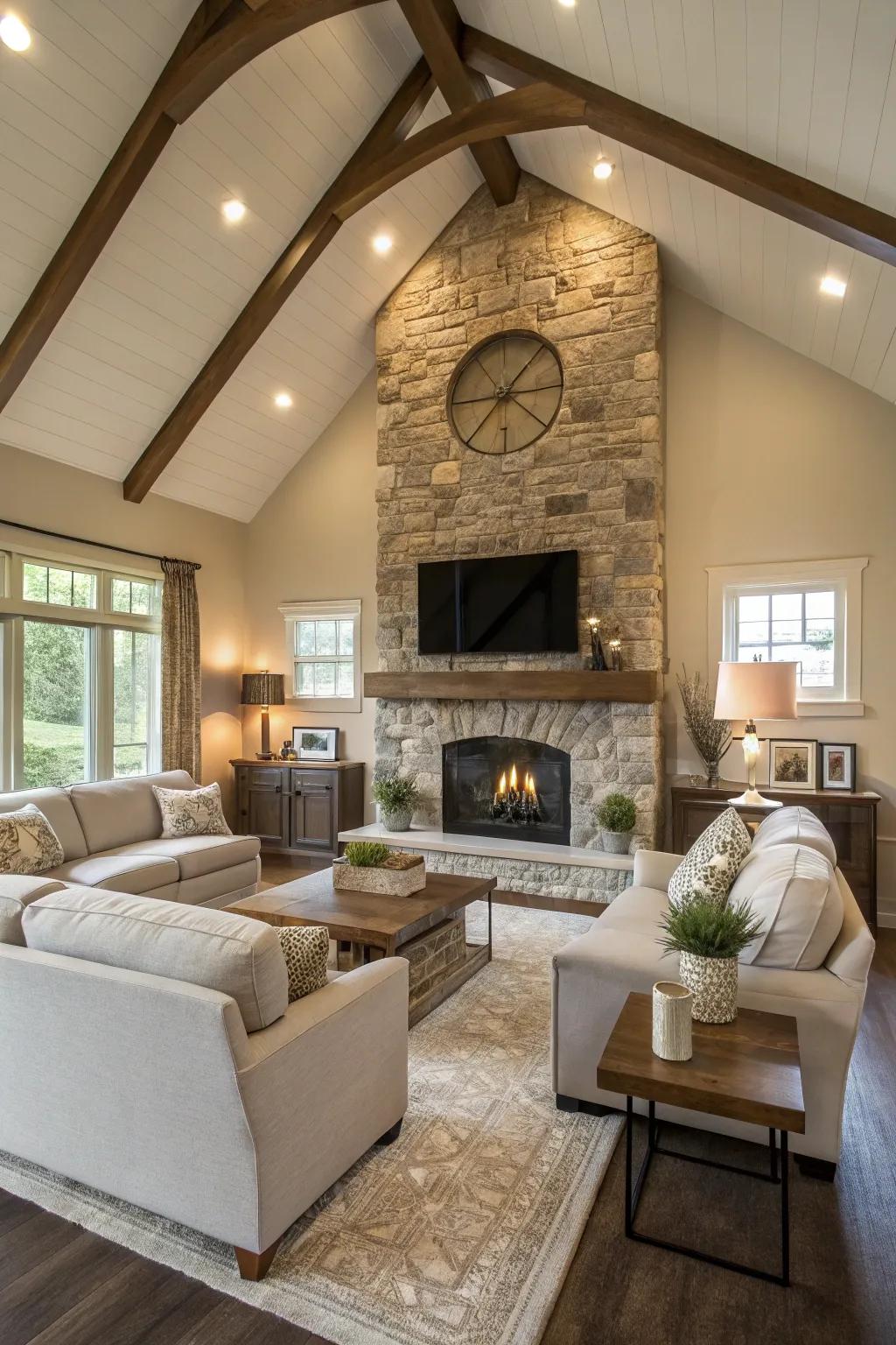 A modern hearth becomes an engaging point of focus within this space featuring a high ceiling.