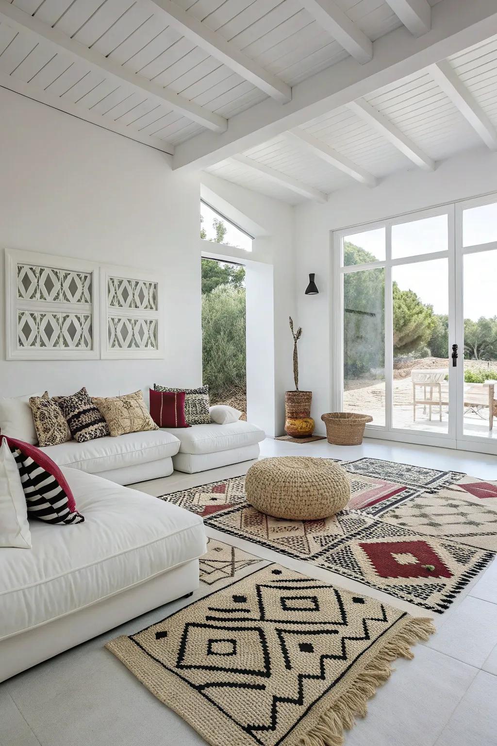 Geometric patterns add visual interest to a white living room.