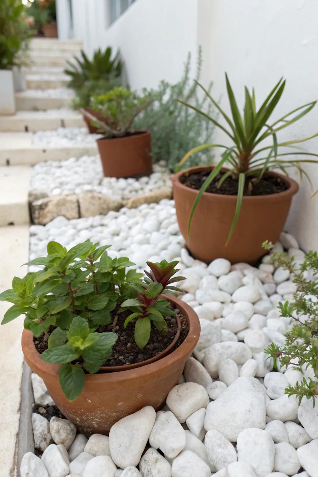 An arrangement of boxed plants set over an alabaster stone bed, adding layers to the garden’s layout.