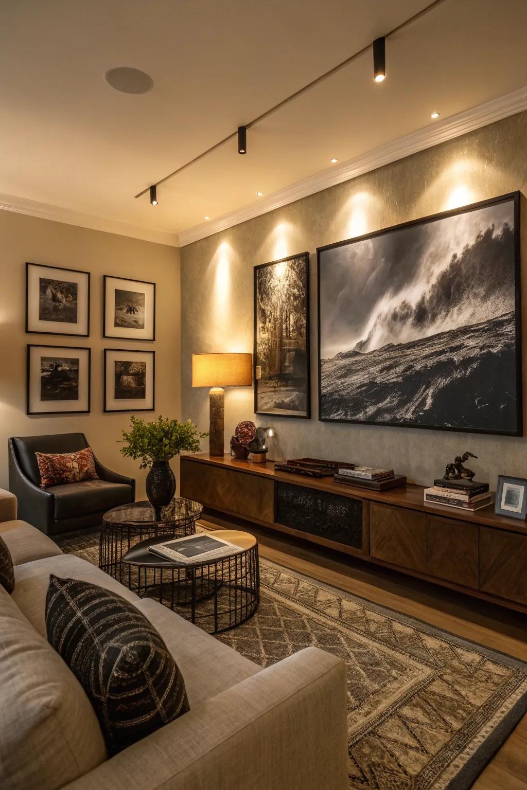 Artistic compositions in a dimly lit living room with a display of art.