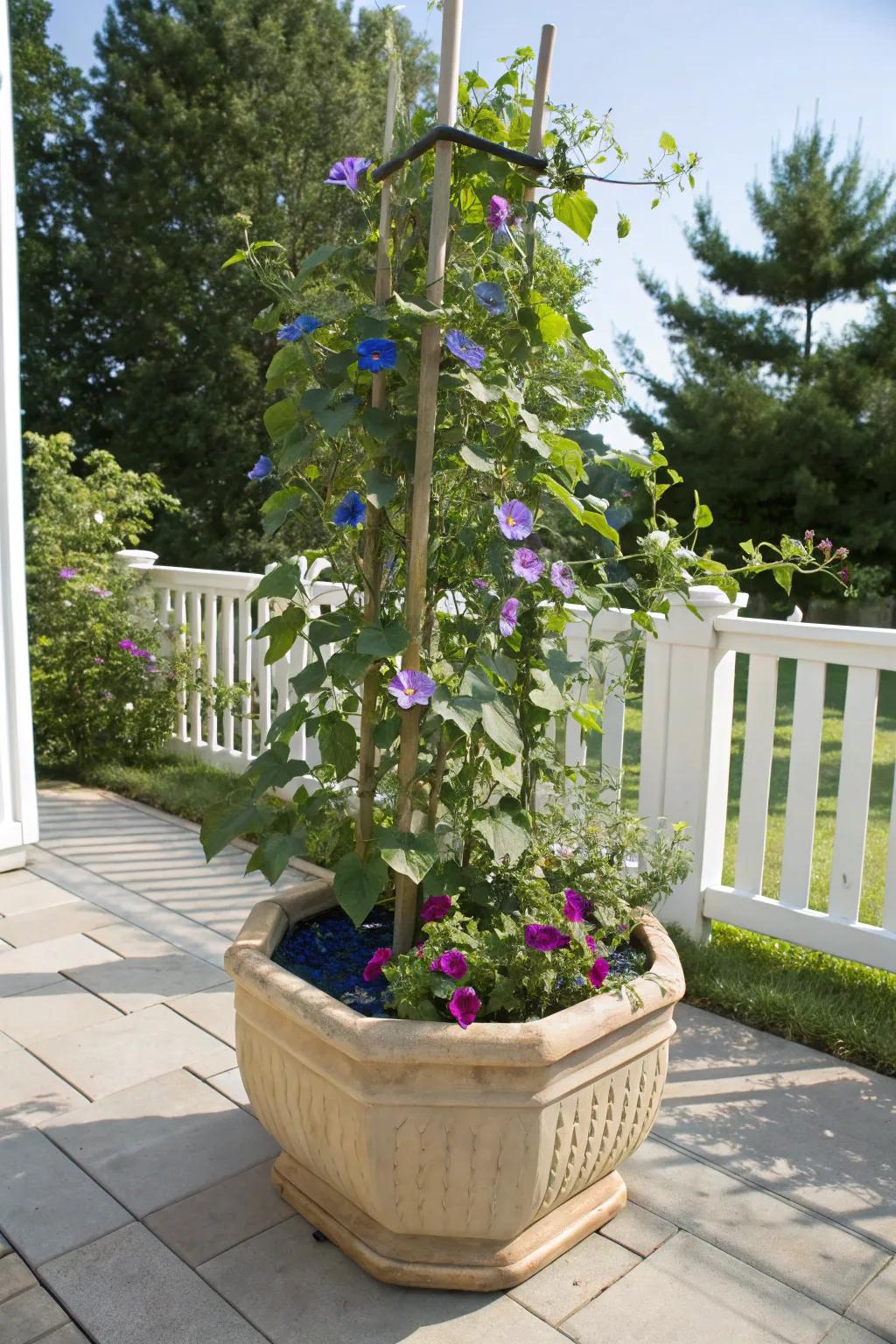 Container garden with morning glories climbing a small trellis.
