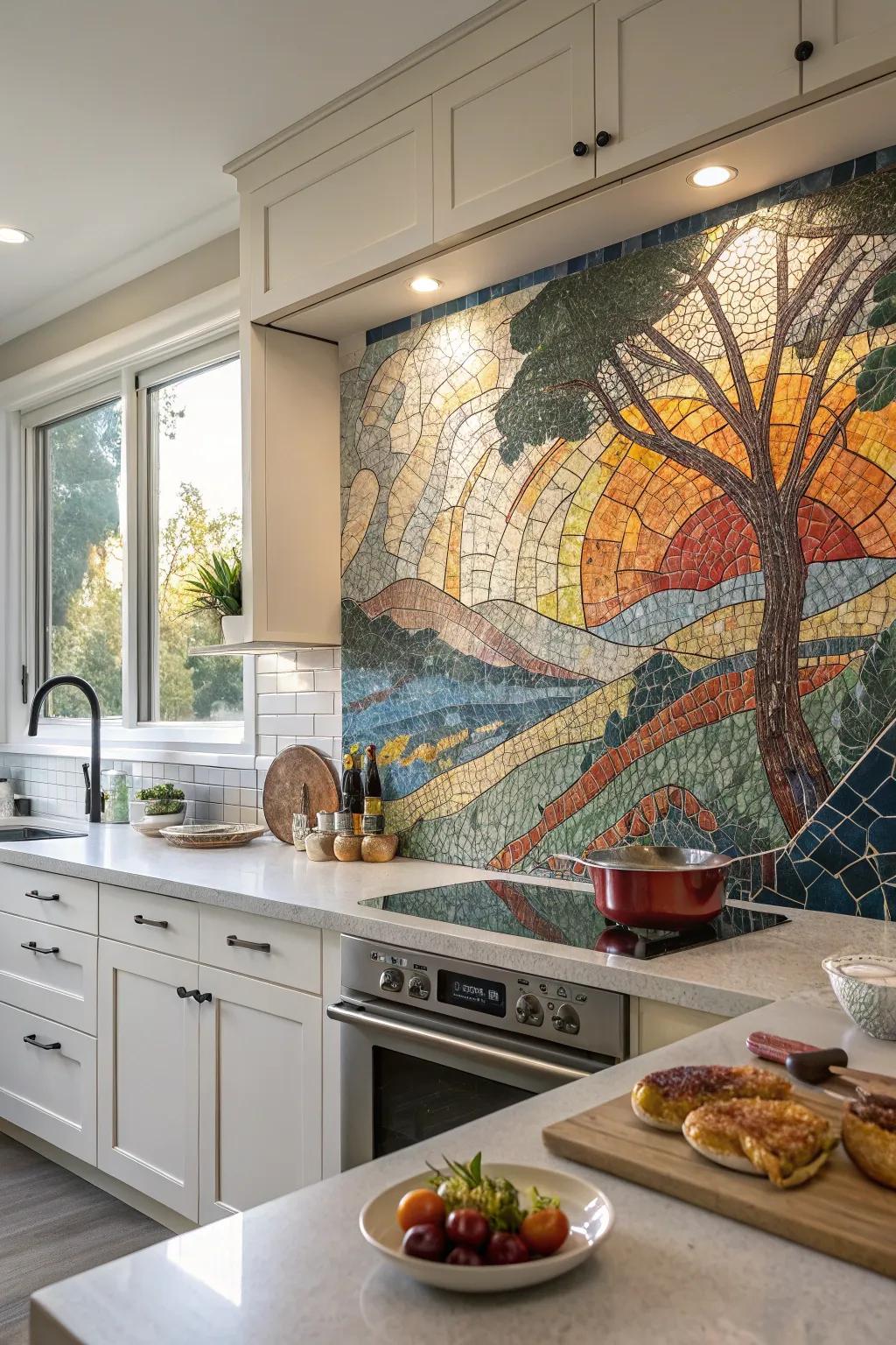 An artistic mosaic mural turns the kitchen into a gallery.