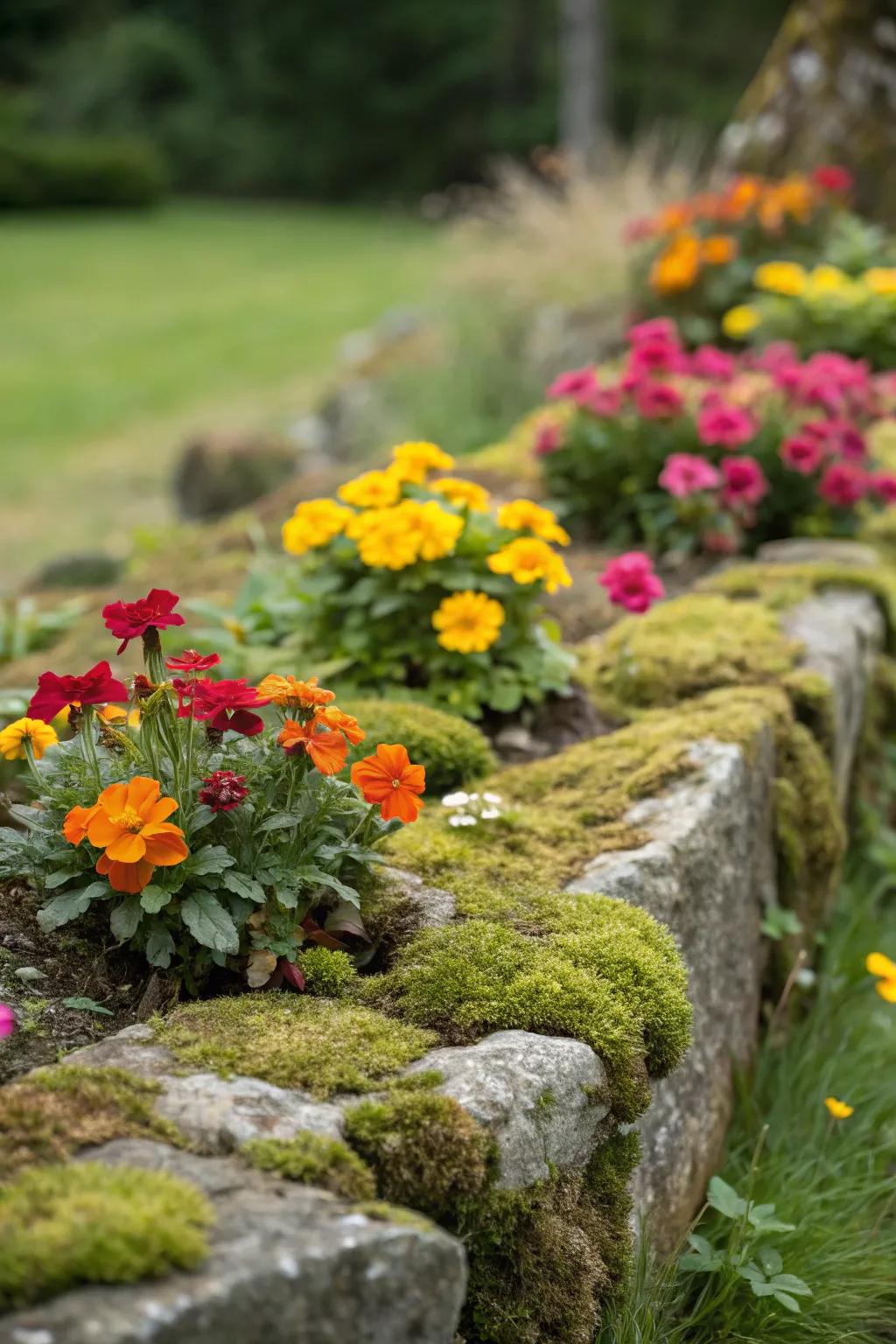 A beautifully outlined plant bed featuring verdant stone edging.