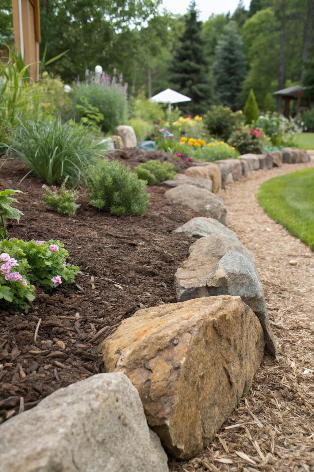 Rustic rocks create a charming mulch border.