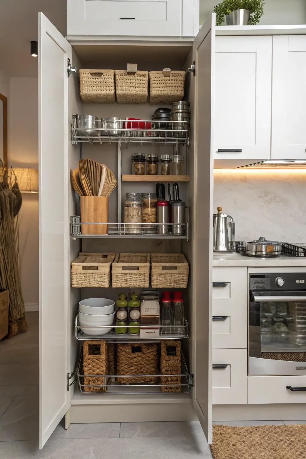 An open slender cabinet with racks and dividers for methodical storage arrangement.