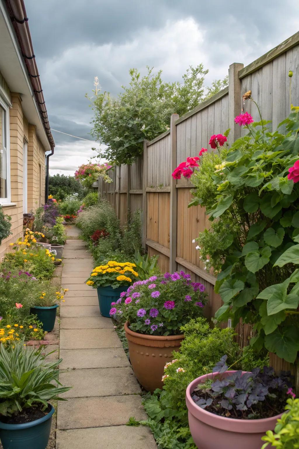 Potted plants provide flexibility and style in narrow spaces.