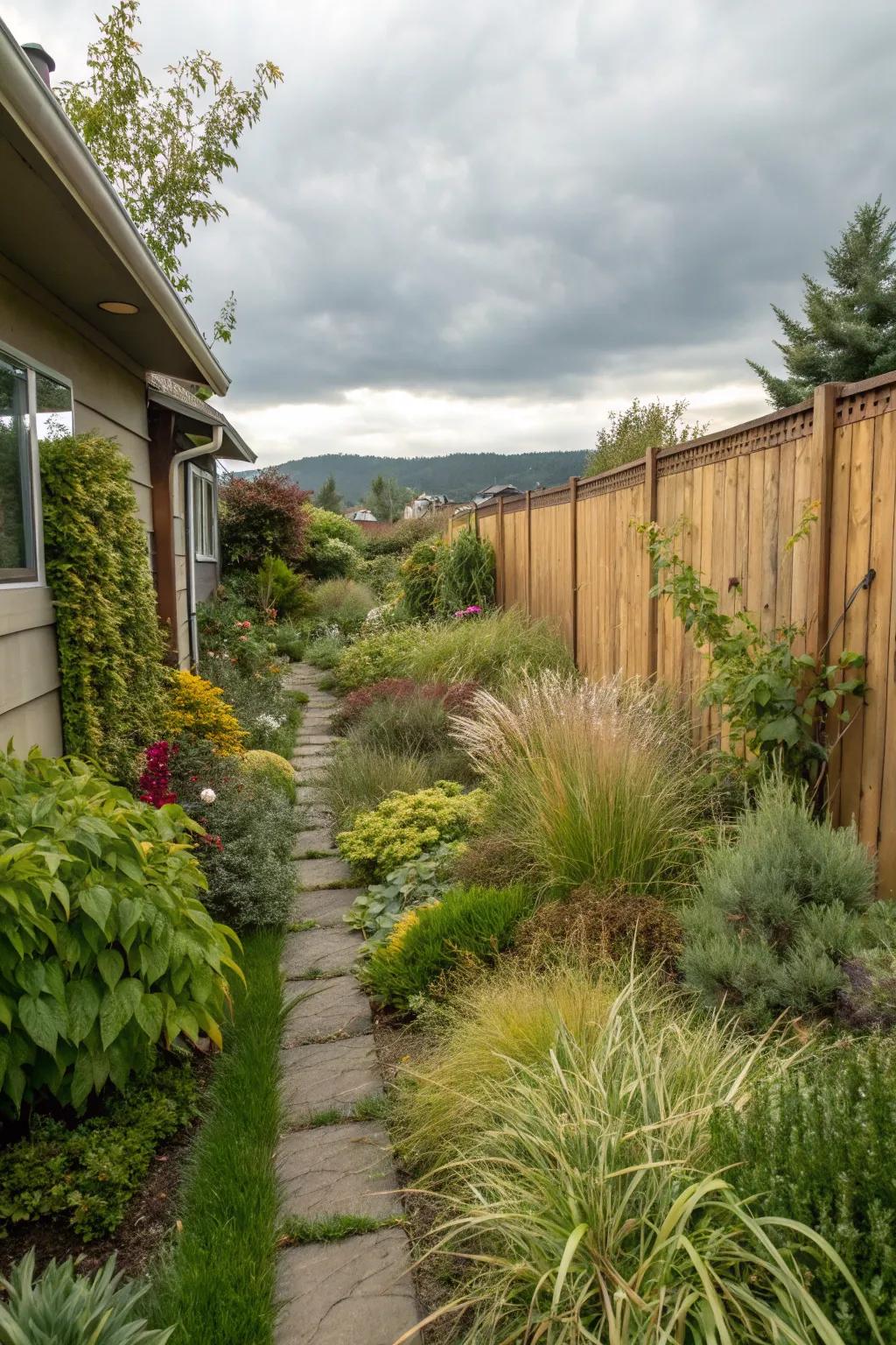 A mix of textures adds depth to your side yard.