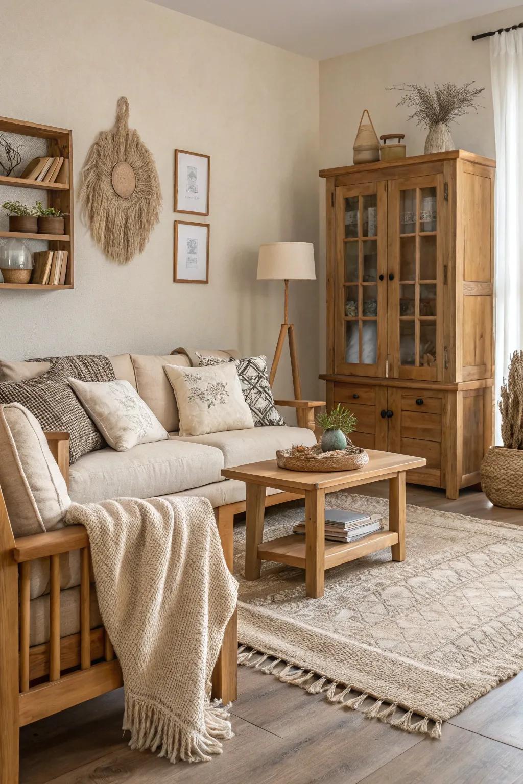 A harmonious blend of natural wood and neutral tones in a modern living room.