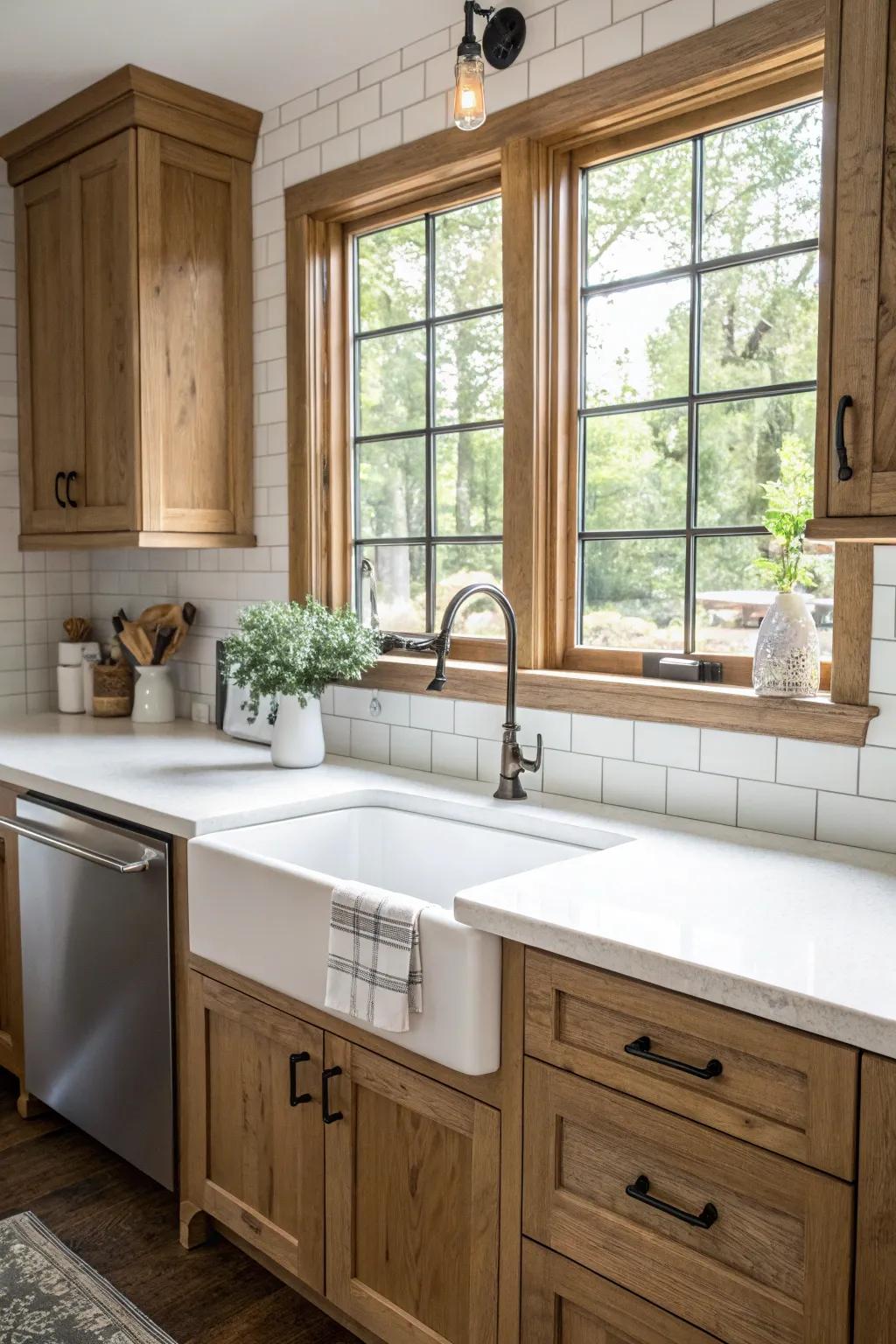 A farmhouse sink adds rustic charm to this modern kitchen.