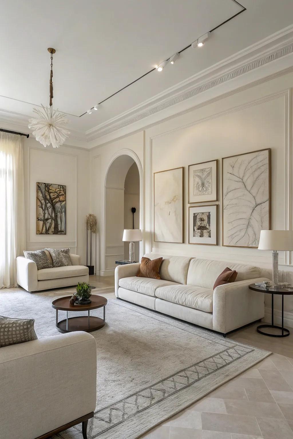 Abstract artwork brings individuality to a pale ivory living room.